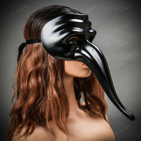 Zanni Long Nose Venetian MardiGras Mask Full Face Masquerade - Black - Picture 4 of 8